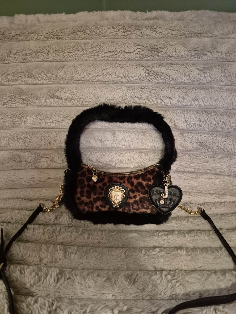 Juicy Couture Leopard Print Shoulder Bag with Black Faux Fur Trim "VIRAL"